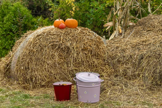 Autumn rural scene with hay bales, orange pumpkins, and metal buckets in a green garden. Traditional fall decorations, agricultural lifestyle, countryside harvest and rustic seasonal design photo