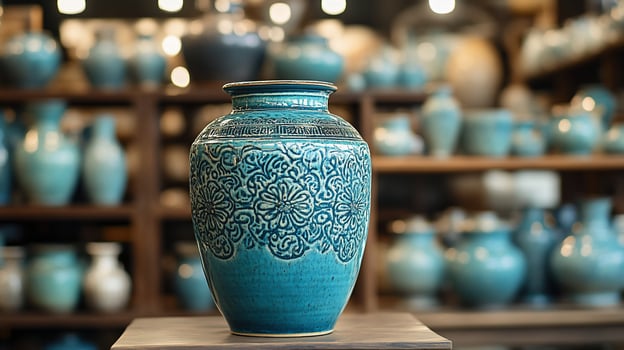 Teal ceramic vase with intricate carvings displayed on a wooden stand, surrounded by other pottery. photo