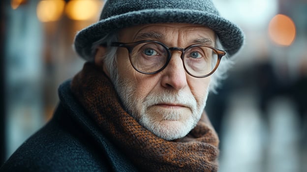 Closeup portrait of a senior man with glasses and hat, outdoors. photo