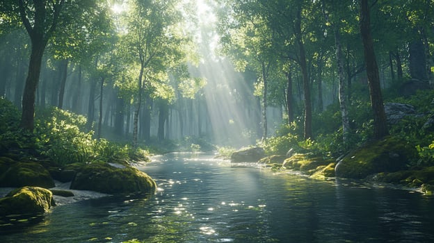Sunbeams illuminate a tranquil forest stream flowing through lush green trees and mossy rocks. photo