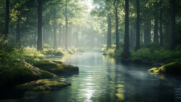 Sunbeams illuminate a tranquil forest stream, reflecting light on calm water, mossy rocks line the banks, lush green vegetation. photo