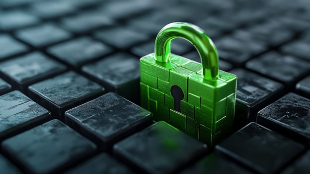 Green padlock embedded in dark grid, symbolizing digital security. photo
