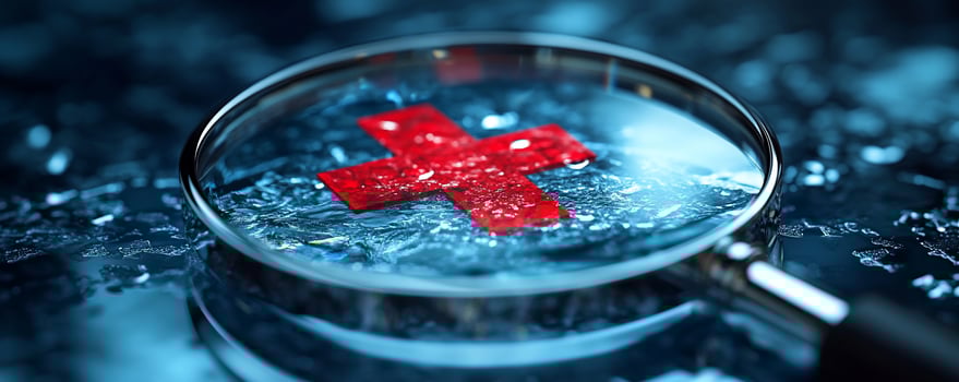 Red cross symbol under magnifying glass in water. photo