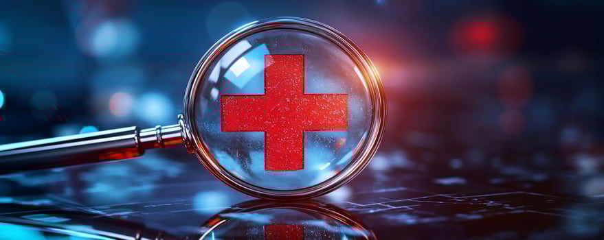 Red cross magnified under a lens, healthcare concept. photo