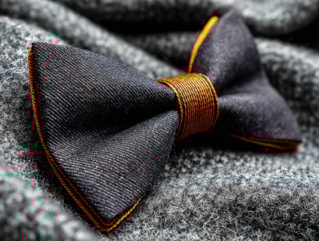 Elegant black fabric bow tie with orange accents on textured gray wool background photo