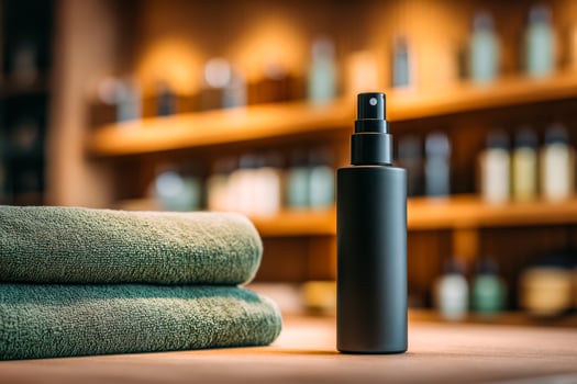 Spa and wellness essentials with a spray bottle and towels in a relaxing setting photo