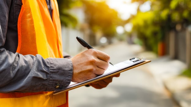 A man in an orange vest writing on a clipboard photo