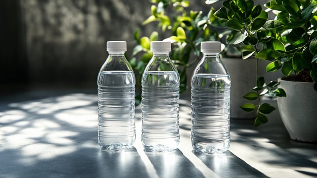 Three clear plastic water bottles sit on a surface near potted plants, illuminated by sunlight casting shadows. photo