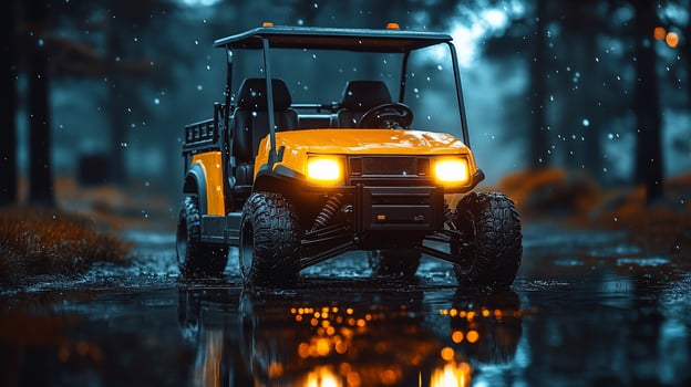 Yellow ATV driving through a puddle in a forest at night. photo
