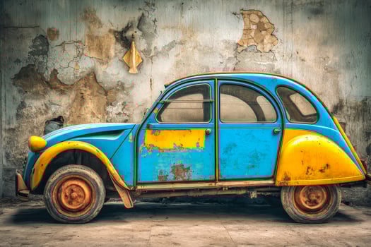 Vintage colorful car abandoned against a weathered wall photo