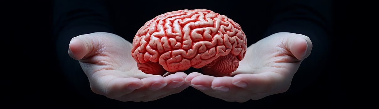 Human brain model gently held in cupped hands against a dark background. photo