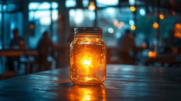 Glowing jar candle on wooden table in cafe. photo