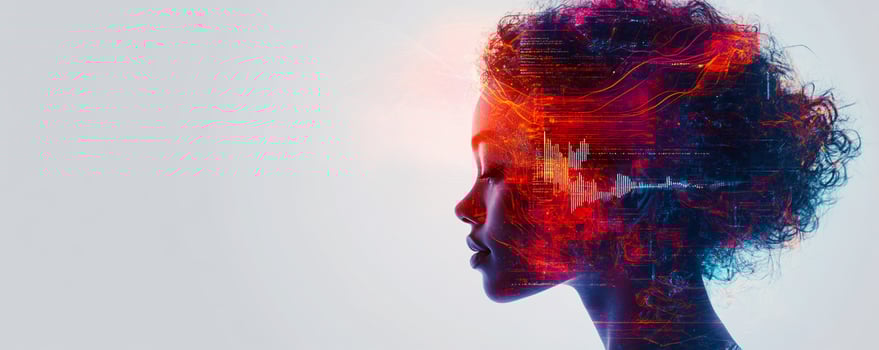 Abstract portrait of a woman with vibrant, flowing colors and data overlays. photo