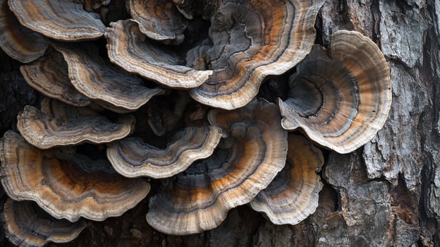 Closeup of shelf fungi growing on tree bark. photo