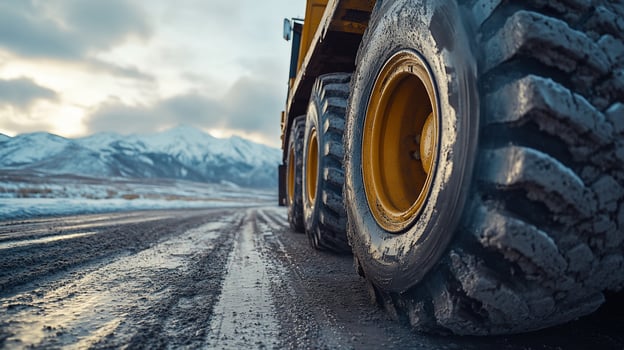 Closeup of large truck tires on muddy winter road with snowy mountains in background. photo
