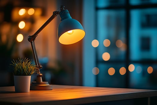 Illuminated desk lamp with plant on wooden table at night. photo