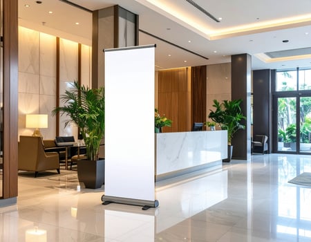 A large white roll up banner in a lobby photo