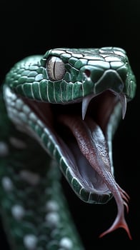 Closeup of a green snake's head with fangs and forked tongue, striking pose against a black background. photo