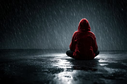 Person in red hoodie sitting alone in the rain at night photo
