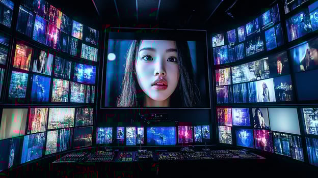 Woman's face on large screen surrounded by smaller screens displaying various media content in a control room. photo