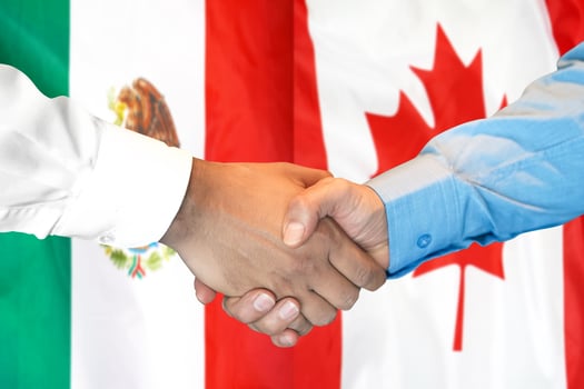 handshake on Mexico and Canada flag background. photo