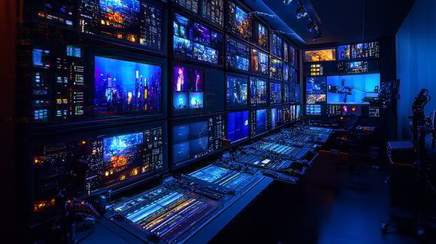 Modern editing suite with numerous monitors displaying diverse content and control panels. photo