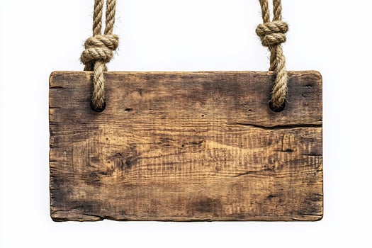 Rustic wooden sign hanging with rope, isolated on white. photo