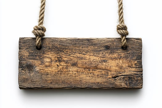 Rustic wooden sign hanging on ropes, isolated on white. photo