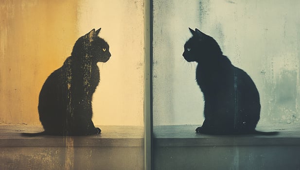 Two black cats facing each other, separated by a wall with textured backgrounds. photo