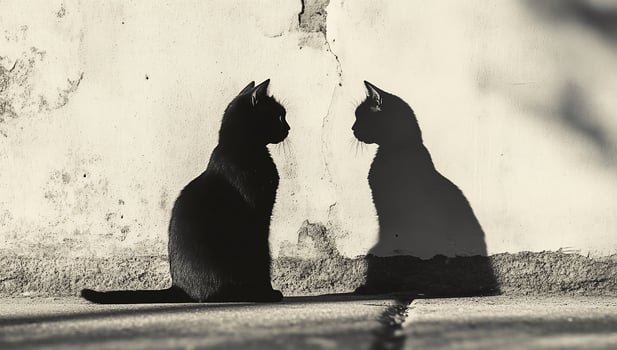 Black cat facing its shadow on a wall. photo