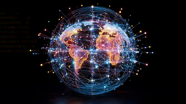 Global network connection, digital earth, world map, glowing lines. photo