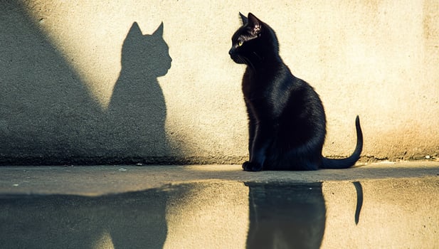 Black cat sitting beside its shadow projected on a wall. photo