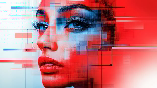 Abstract portrait of a woman's face overlaid with geometric shapes and lines in red and blue tones. photo