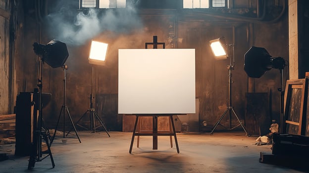 Blank canvas on easel in a dimly lit studio with lighting equipment. photo