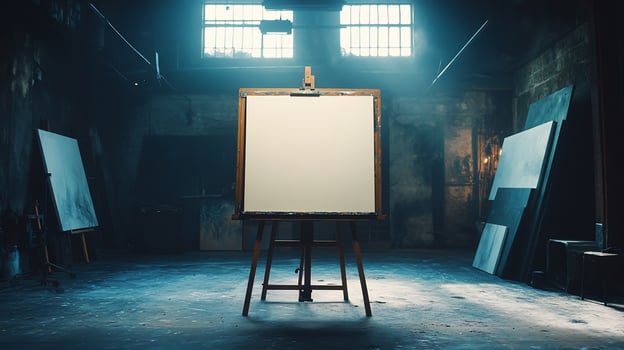 Blank canvas on easel in dark art studio. photo