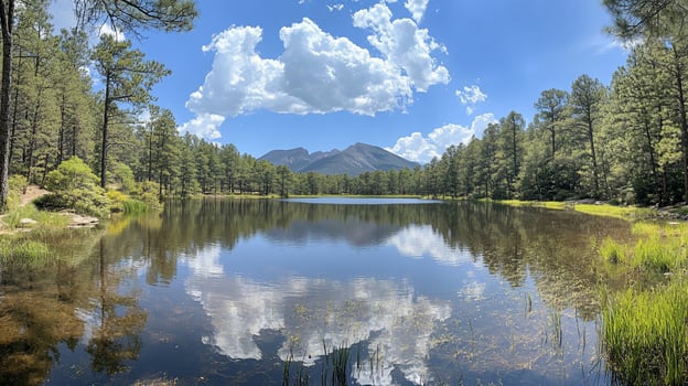 Calm lake reflecting mountains and clouds under a sunny sky. photo