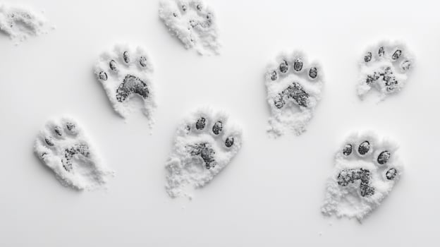 Animal paw prints in snow, top view. photo