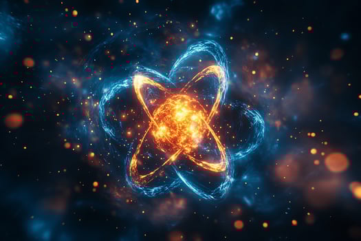 Glowing energy atom, abstract science background. photo