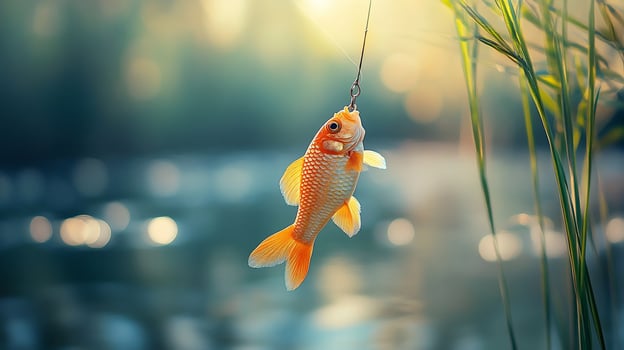 Orange goldfish caught on a hook, hanging near reeds by a pond at sunset. photo