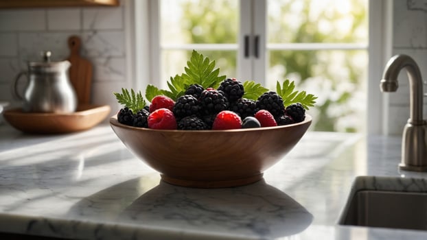 Freshly picked blackberries and raspberries in a wooden bowl on a marble kitchen counter with sunlight photo