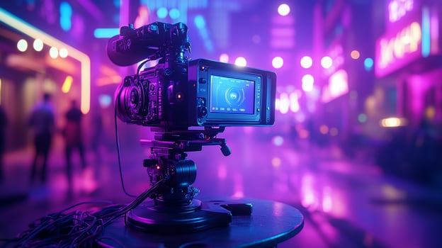Professional film camera on a tripod at night, city backdrop. photo