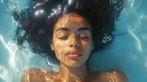 Woman with eyes closed floats serenely in clear blue water. photo