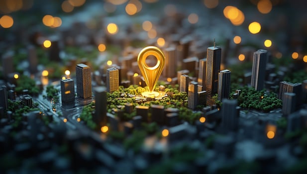 Golden location pin on a miniature city at night. photo