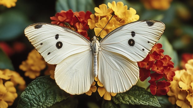 White butterfly with black dots on its wings perched on vibrant yellow and orange flowers. photo