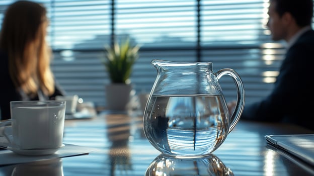 Water pitcher on table in meeting room with colleagues in background. photo
