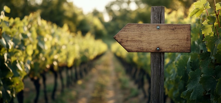 Wooden arrow sign pointing through vineyard rows. photo