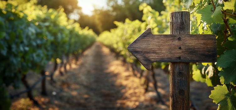 Wooden arrow sign in vineyard at sunset. photo