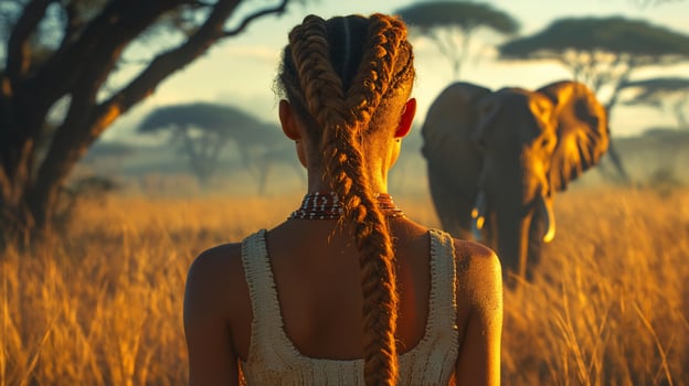Woman with braided hair facing a large elephant in the African savanna at sunset. photo