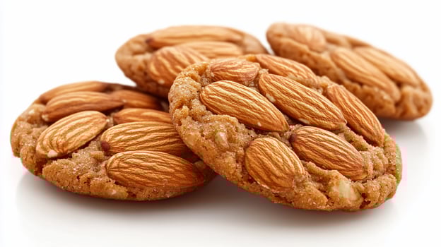 Four delicious almond cookies, goldenbrown, studded with almonds, isolated on white background. photo
