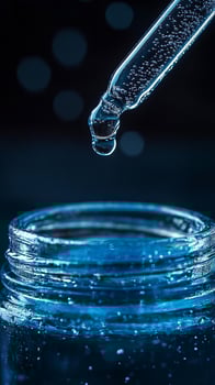 Dropper dispensing blue liquid into glass jar. photo